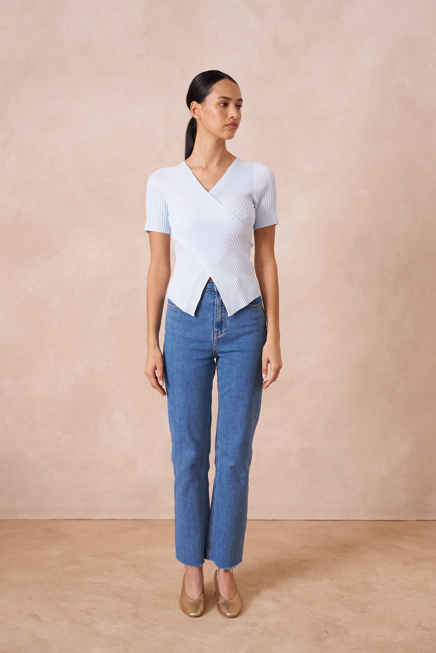 Ribbed knit wrap T-shirt