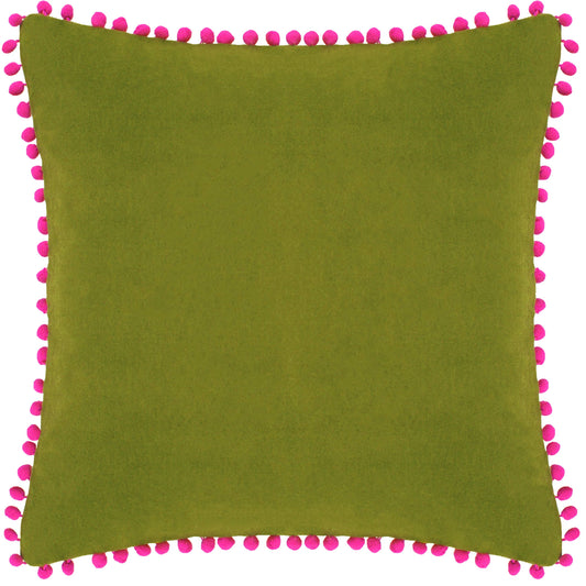 Velvet Pompom Cushion Green/Fuchsia