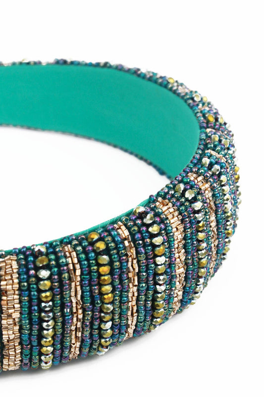 GREEN AND GOLD BEADED HEADBAND