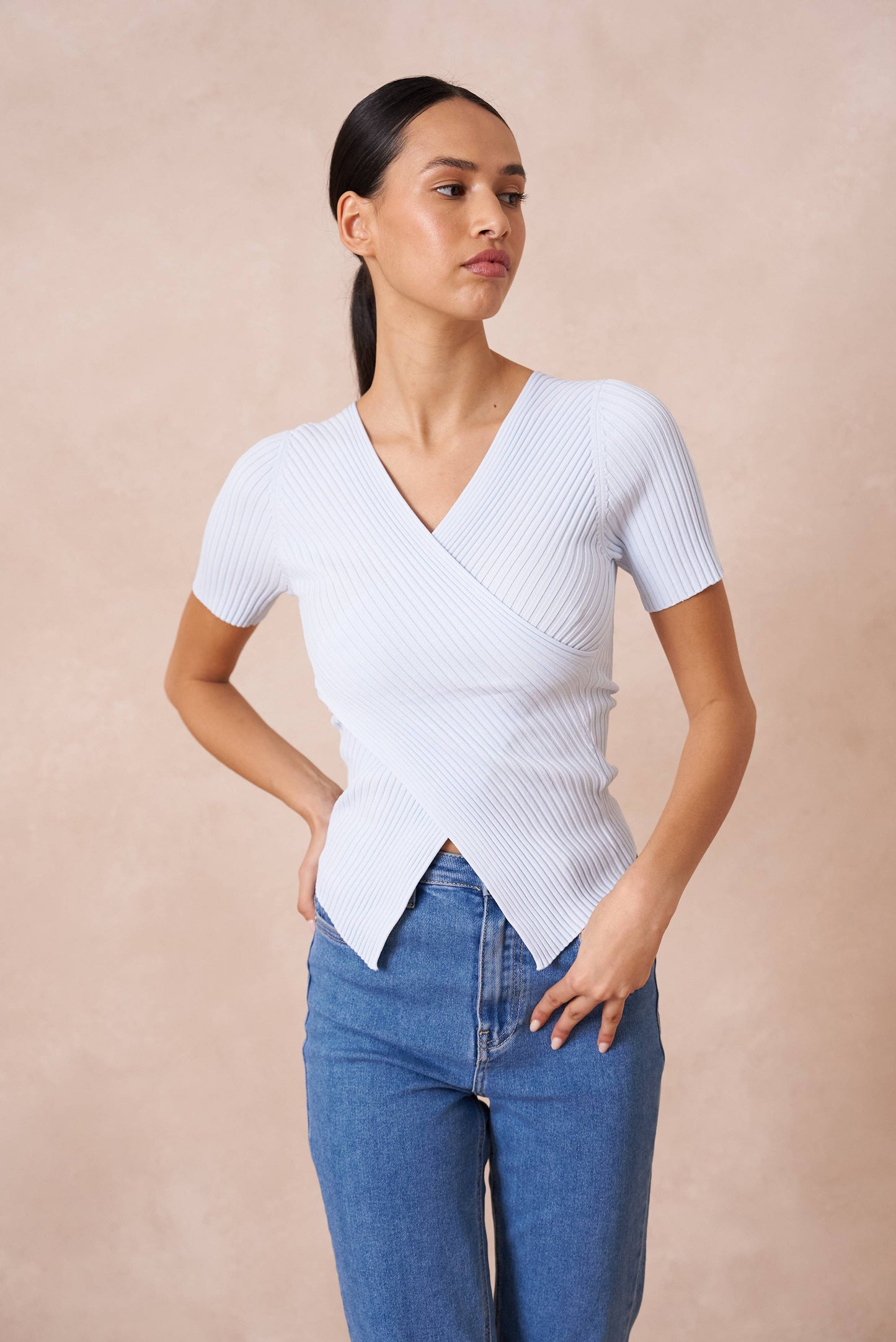 Ribbed knit wrap T-shirt