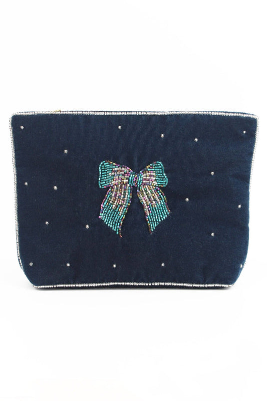 SILVER BLUE BOW MEDIUM POUCH