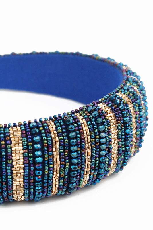BLUE AND GOLD BEADED HEADBAND